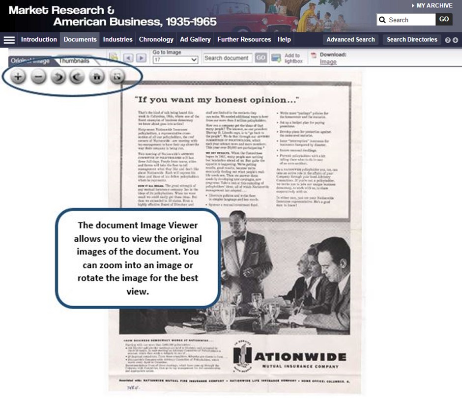 View of the Market Research & American Business document viewer, with viewing tools circled for emphasis.